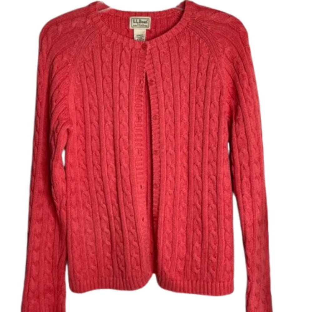 L.L. Bean Coral Cotton Double L Cable Cardigan - S